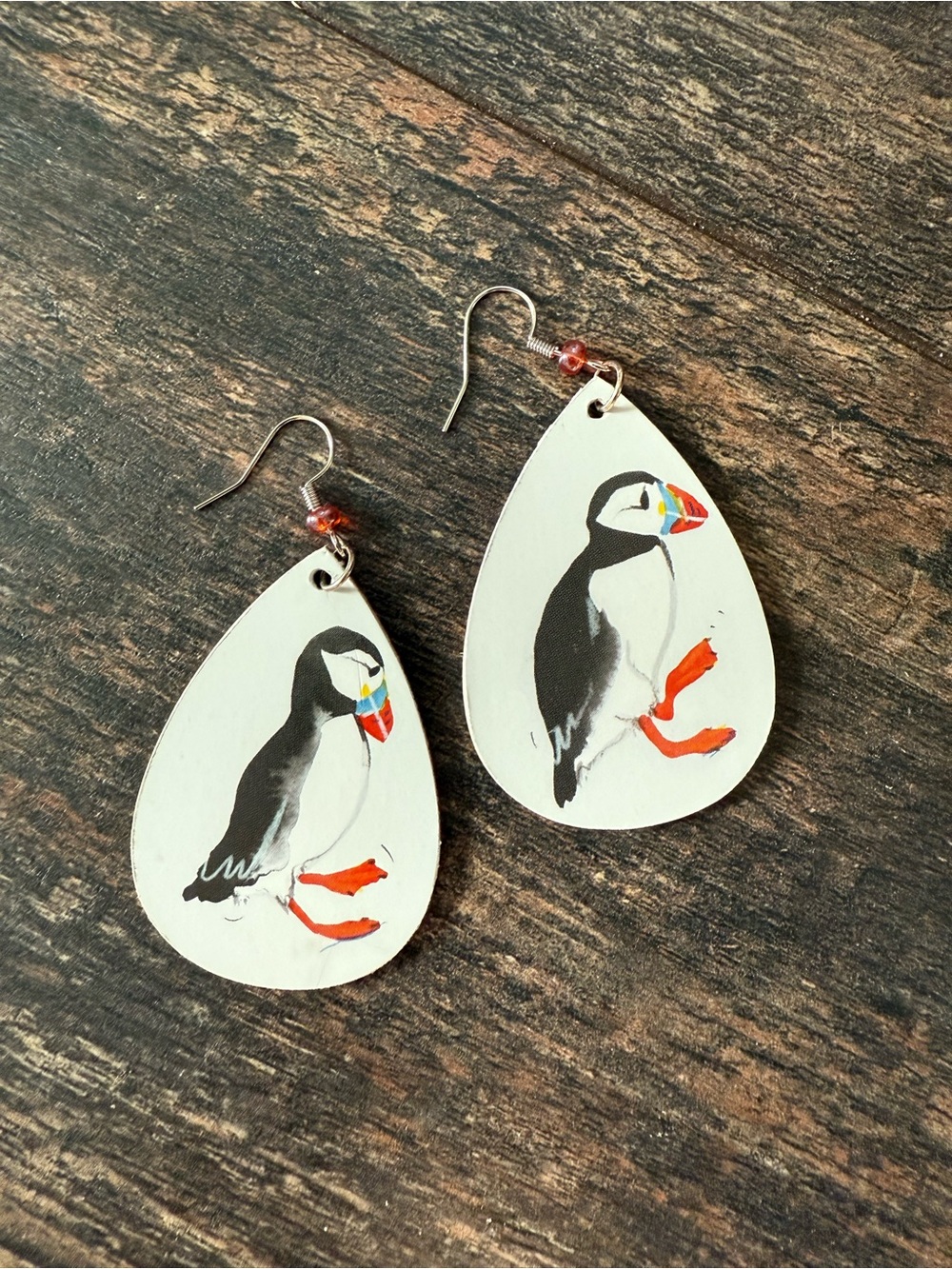 Puffin earrings, puffin wooden earrings, puffin handmade earrings